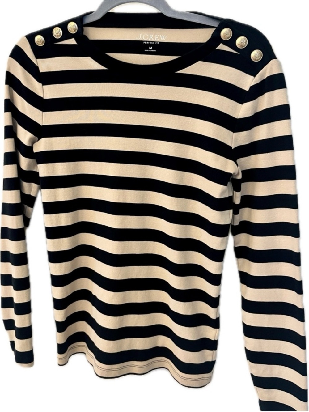 J. Crew Black & Tan Striped Perfect-Fit Long Sleeve Crewneck with Gold Buttons M